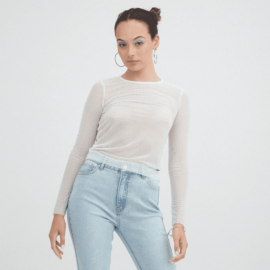 Polera Mech Manga Larga con Strass blanco Acuarela