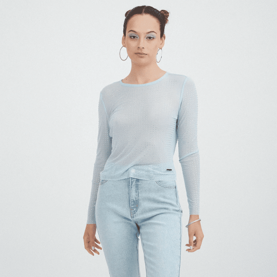 Polera Mech Manga Larga con Strass Celeste Acuarela