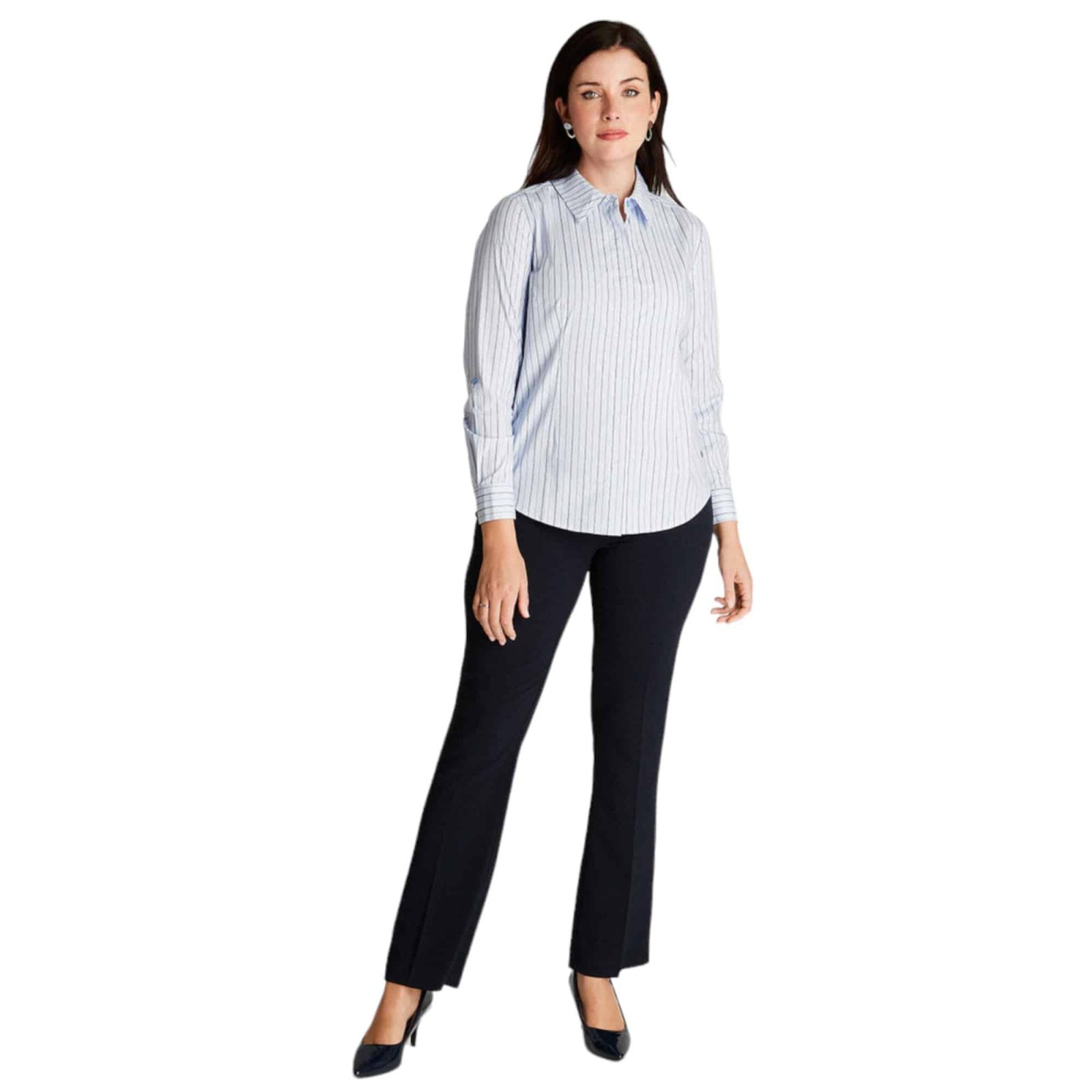 BLUSA MANGA LARGA ROLL UP RAYADA CELESTE LDP - Imagen 4