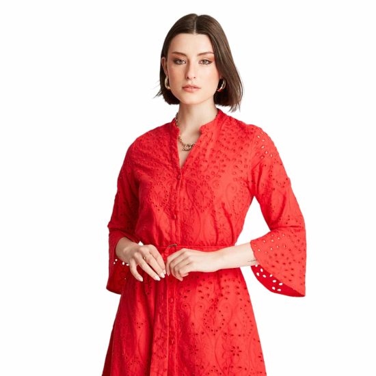 MAXI VESTIDO DE BRODERIE MANGA LARGA ROLL UP ROJO LDP - Imagen 2