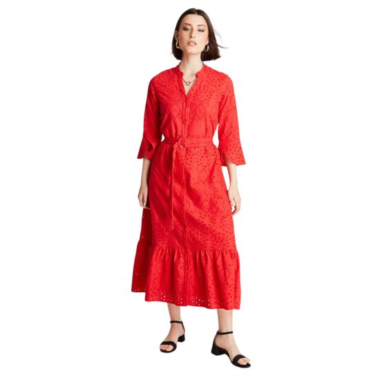 MAXI VESTIDO DE BRODERIE MANGA LARGA ROLL UP ROJO LDP - Imagen 4
