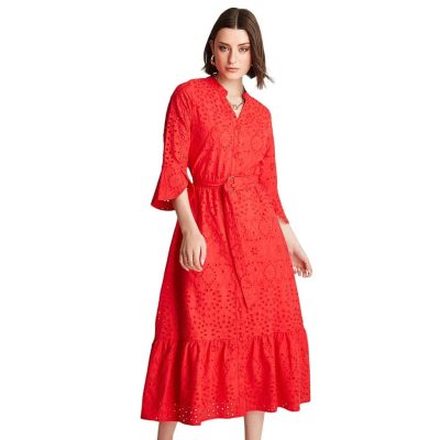MAXI VESTIDO DE BRODERIE MANGA LARGA ROLL UP ROJO LDP