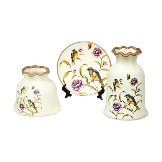 SET FLOREROS PLATO DECORATIVO BLANCO PAJARITOS MSA