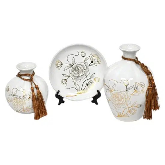 SET FLOREROS PLATO DECORATIVO FLORES BLANCO MSA