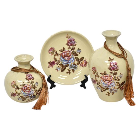SET FLOREROS PLATO DECORATIVO FLORES BEIGE MSA