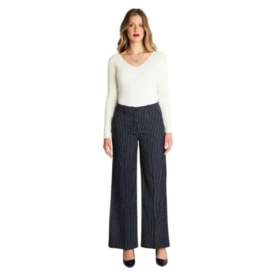 PANTALON PALAZZO CON RAYAS Y PRETINA ELASTICADA AZUL LDP - Imagen 4