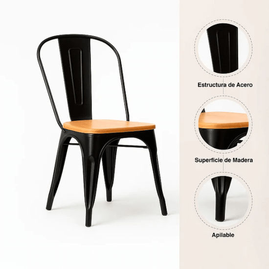 SILLA TOLIX DE COMEDOR O TERRAZA ASIENTO MADERA CLARA NEGRA KLIK - Imagen 3