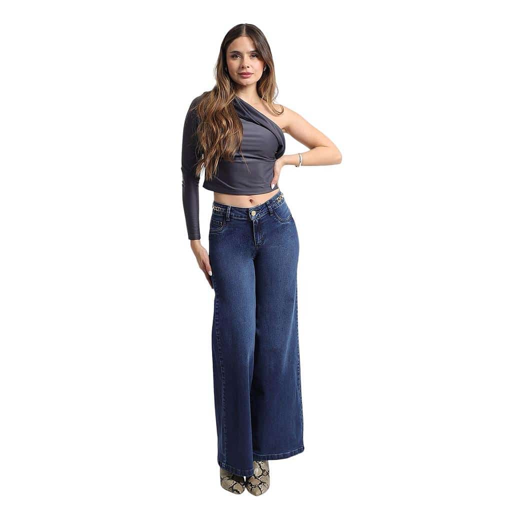 JEANS GRECIA BLUE WIDE LEG ADORNO PRETINA DIVINE