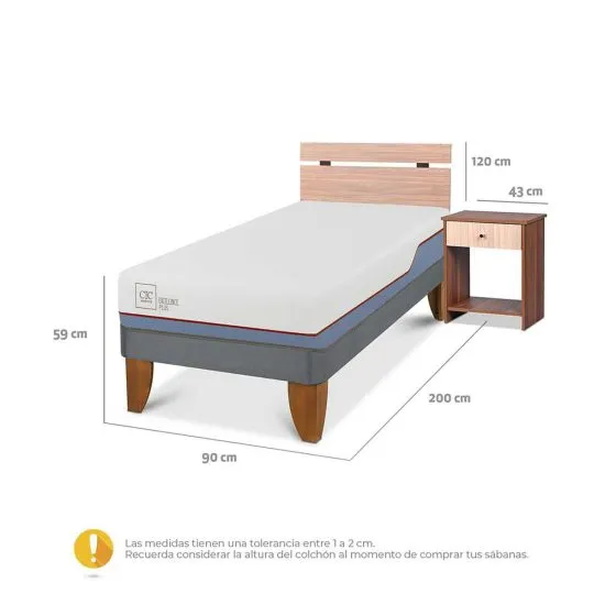 Cama Europea CIC 1 Plaza Excellence Plus + Respaldo + 1 Velador Olmo - Imagen 3
