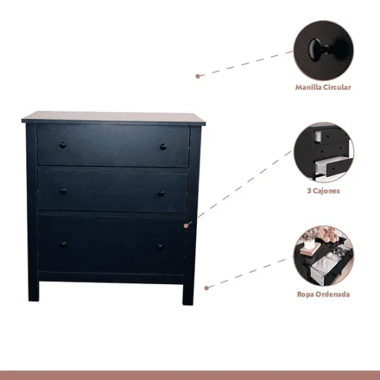Comoda 3 Cajones De Dormitorio Oscura KLIK - Imagen 2