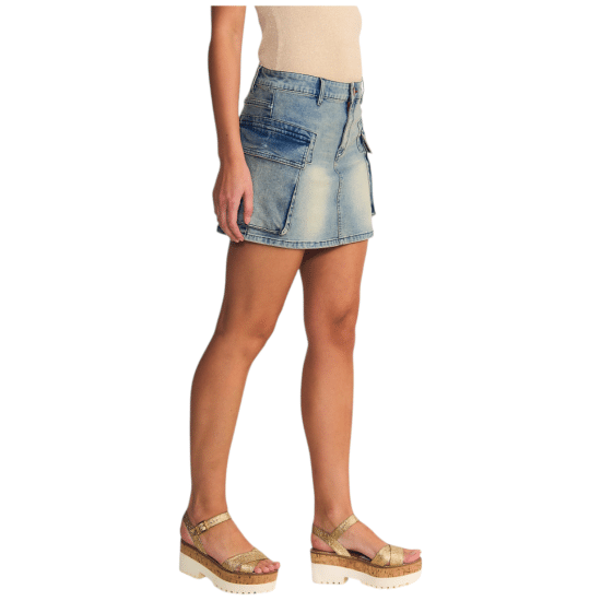 Falda Mujer Mini Cargo Tiro Bajo Light Blue Oxidada Ellus - Imagen 3