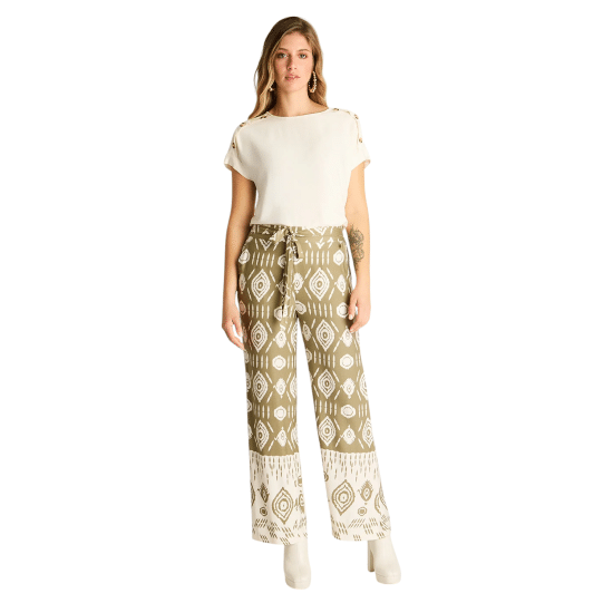 Pantalon Palazzo Verde Étnico en Mezcla Natural - Imagen 4