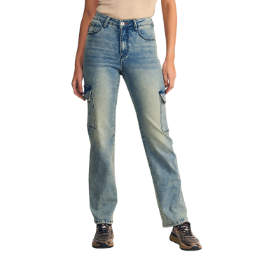 Jeans Mujer Cargo Tiro Ultra Alto Light Blue Oxidado Ellus