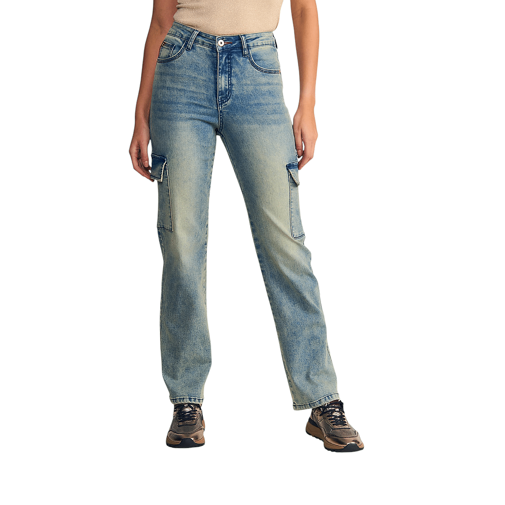 Jeans Mujer Cargo Tiro Ultra Alto Light Blue Oxidado Ellus