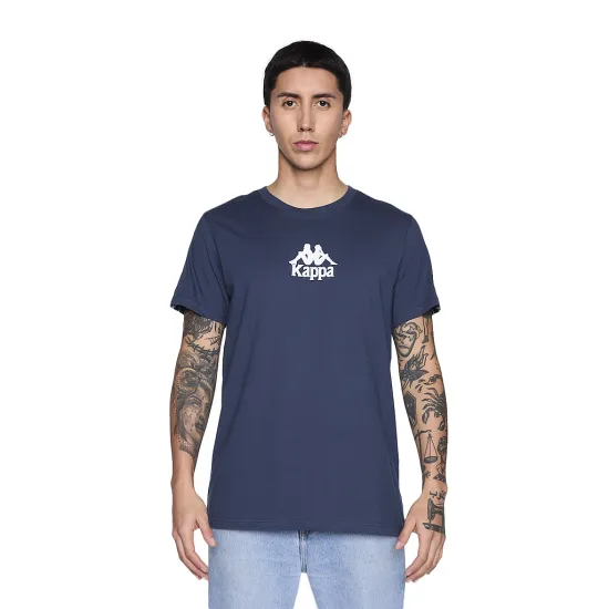 Polera Hombre Banda Petrol Blue Logo Front White Kappa