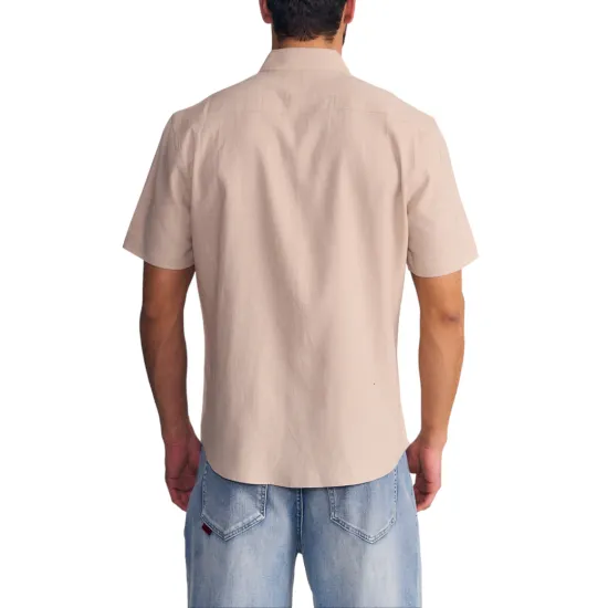 Camisa Hombre Manga Corta Linen Cotton Beige Ellus - Imagen 3