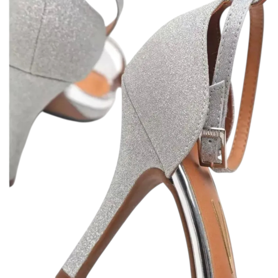 Sandalia Mujer Taco Alto Tela Shine Metal Glamour Plata Vizzano - Imagen 5