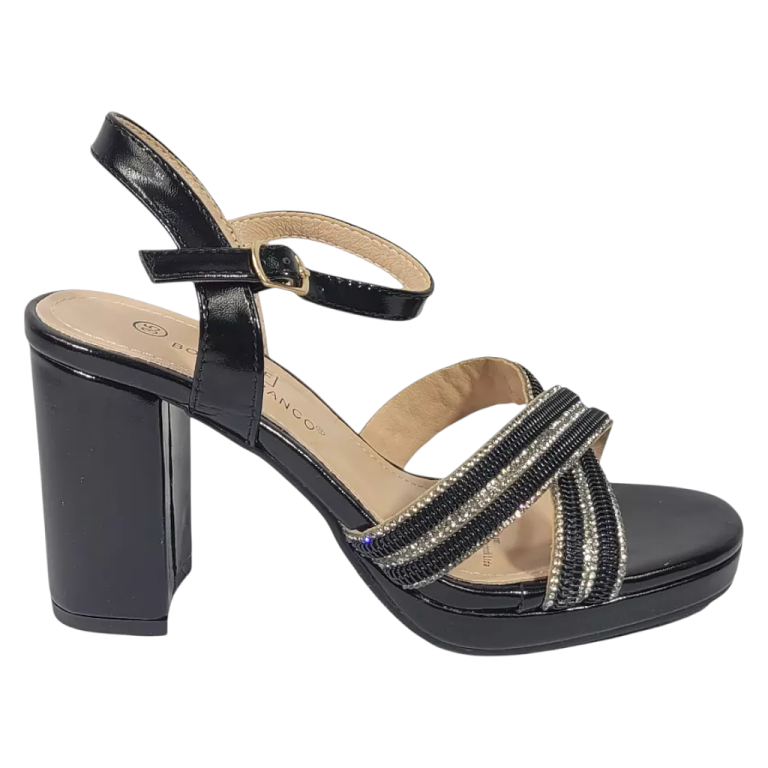 Sandalia Mujer Taco Alto Negra Charol Bonnyfranco