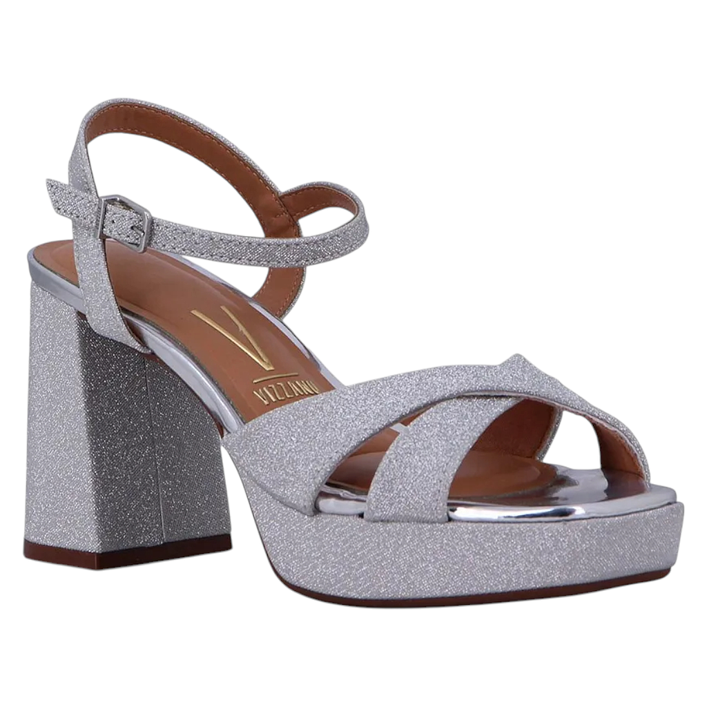 Sandalia Mujer Taco Alto Tela Shine París Metal Glamour Plata Vizzano