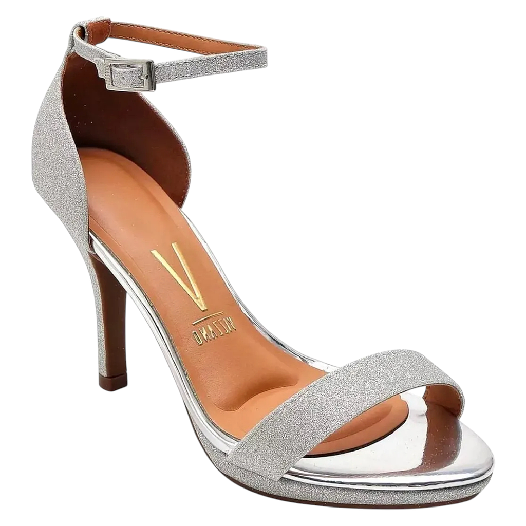 Sandalia Mujer Taco Alto Tela Shine Metal Glamour Plata Vizzano