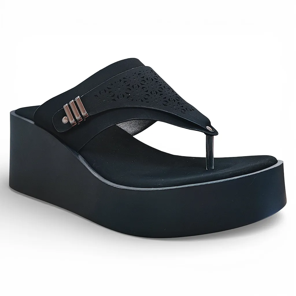 Sandalia Mujer Negra Plataforma Alta Diseño Calado Bonny Franco