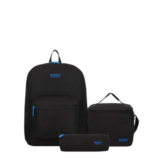 Set mochila + estuche + lonchera Triple Pack negro-azul