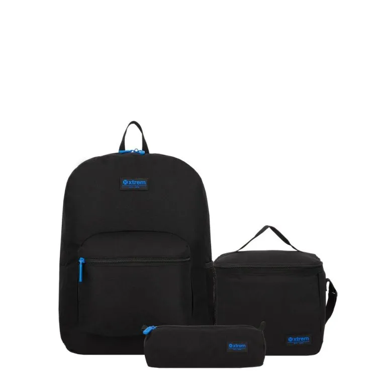 Set mochila + estuche + lonchera Triple Pack negro-azul