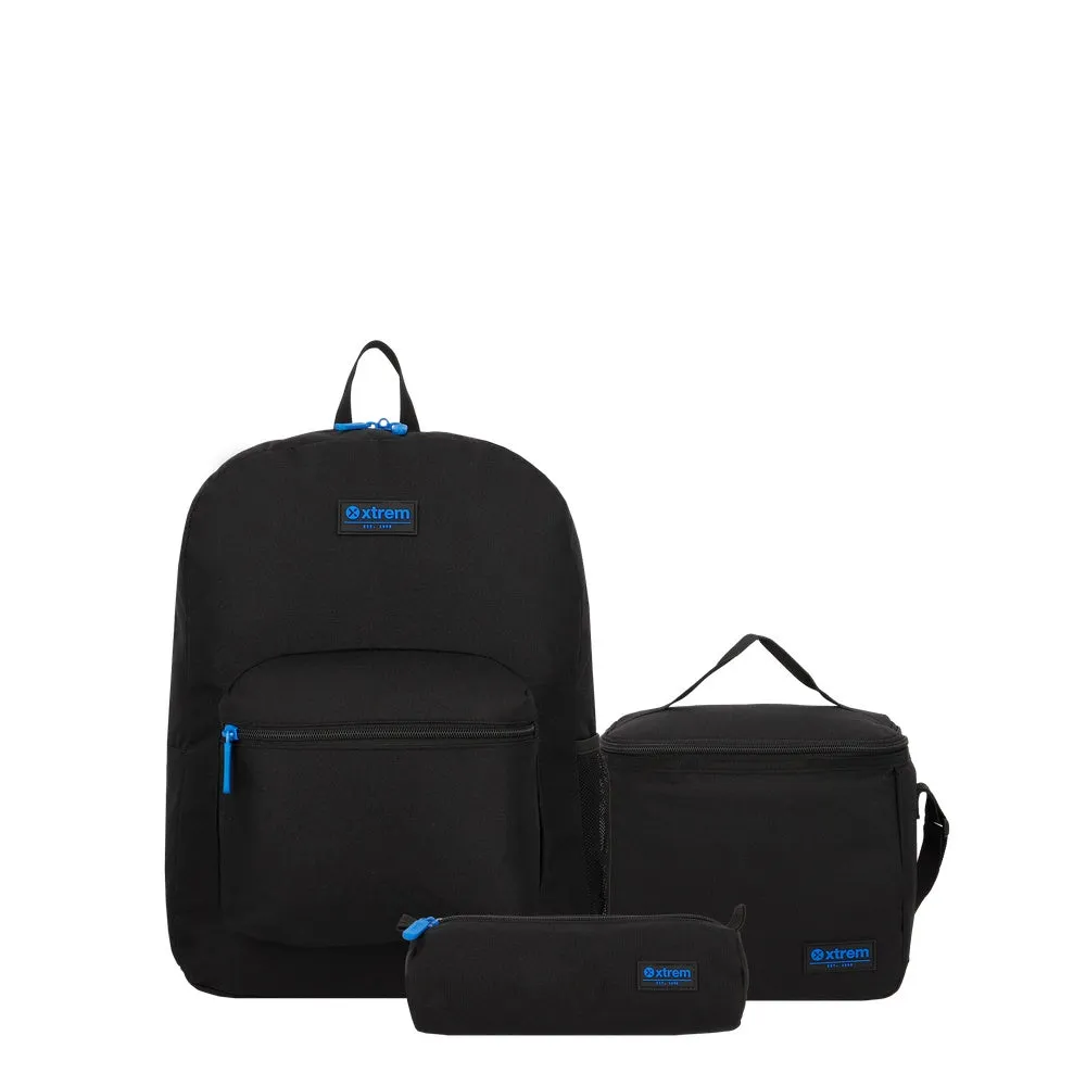 Set mochila + estuche + lonchera Triple Pack negro-azul