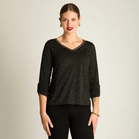 Polera Negra Manga Larga Roll Up con Cuello V Ldp