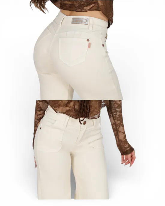 Jeans Wide Leg Color Crema Tiro Alto Giulia Divine - Imagen 3