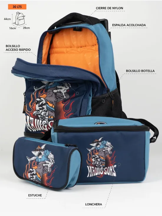 Mochila Roller Bag + Lonchera + Estuche Azul Maui - Imagen 6