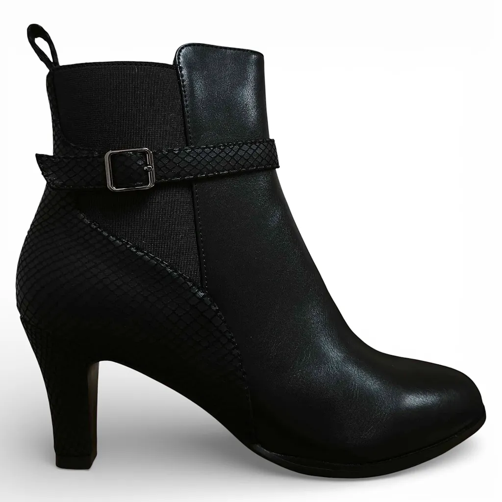 Botín Mujer Negro Taco Medio Detalle Serpiente Bonny Franco