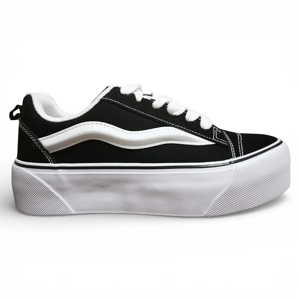 Zapatilla Mujer Negra Plataforma Lona Blanco Everix