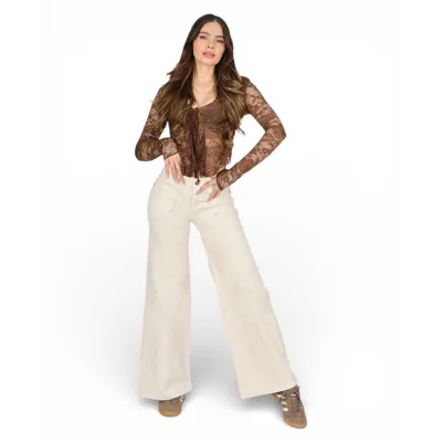 Jeans Wide Leg Color Crema Tiro Alto Giulia Divine