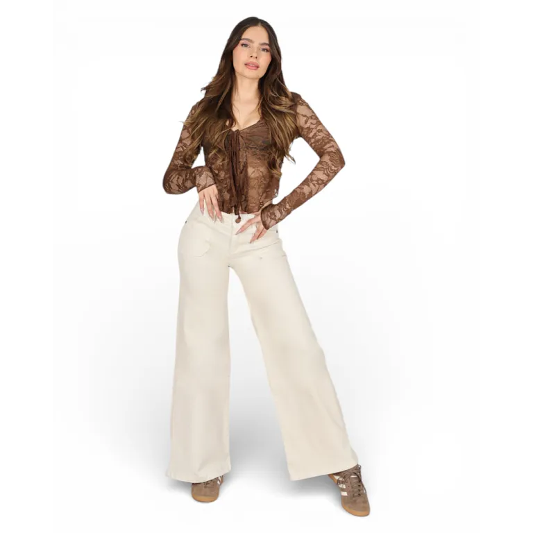 Jeans Wide Leg Color Crema Tiro Alto Giulia Divine
