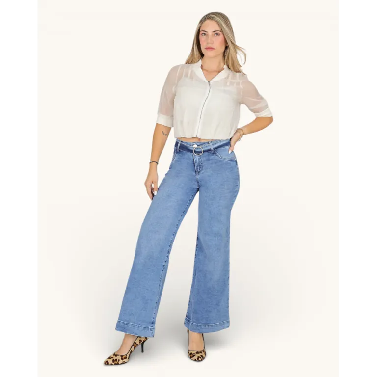 Jeans Wide Leg Celeste Claro Tiro Alto Madrid Divine