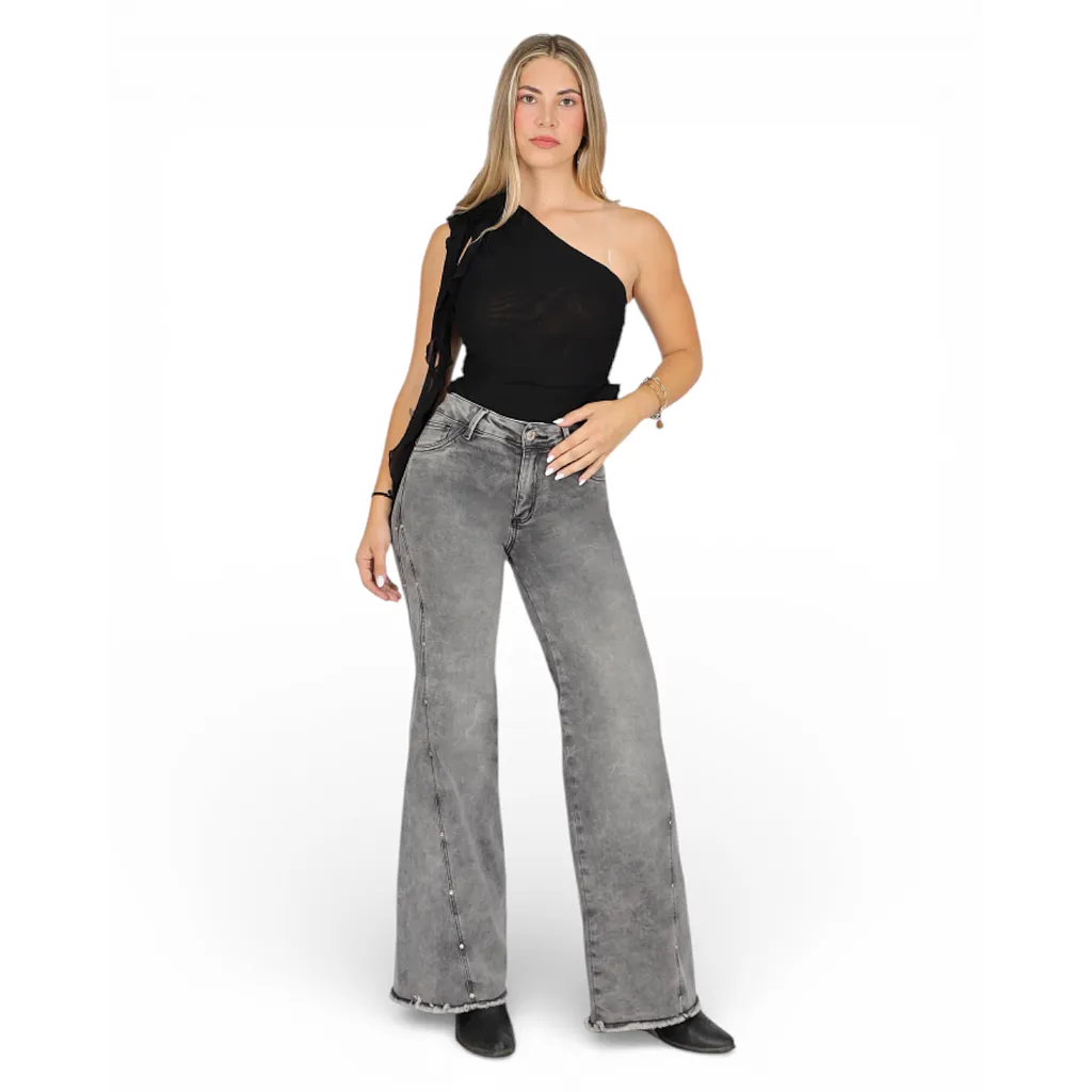 Jeans Wide Leg Gris Tiro Alto Sicilia Divine