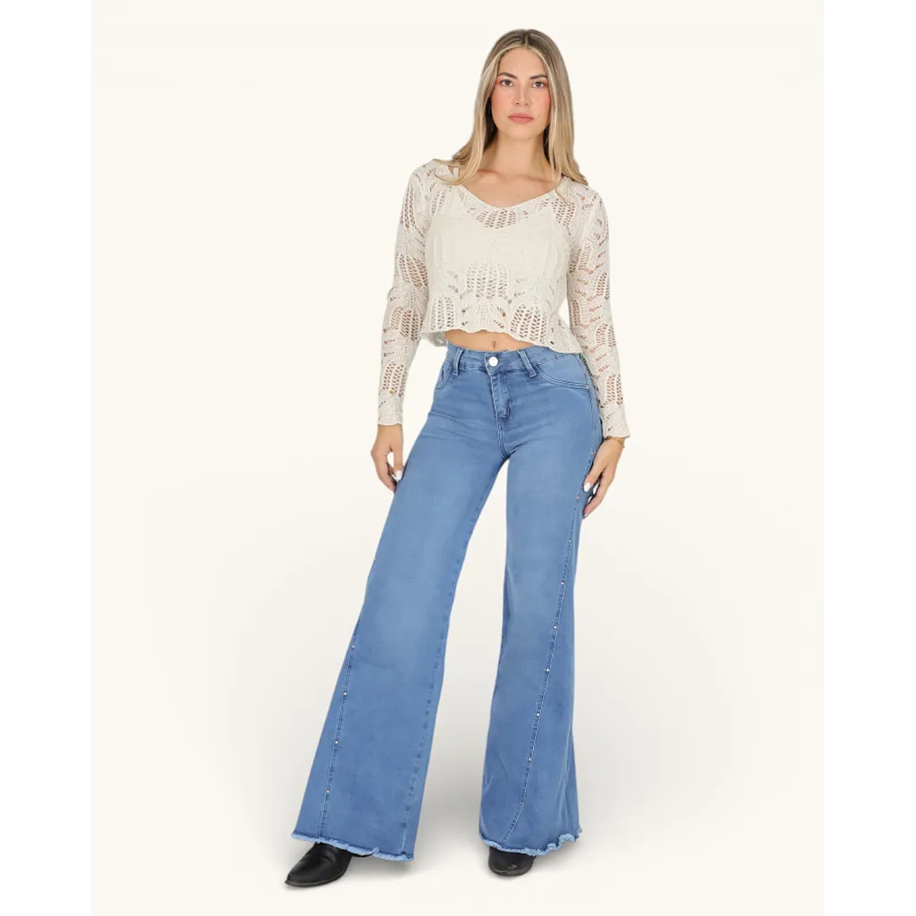 Jeans Wide Leg Azul Medio Tiro Alto Sicilia Divine