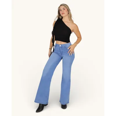 Jeans Wide Leg Celeste Claro Tiro Alto Mercedes Love Divi