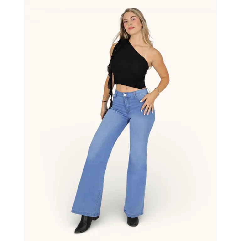 Jeans Wide Leg Celeste Claro Tiro Alto Mercedes Love Divi