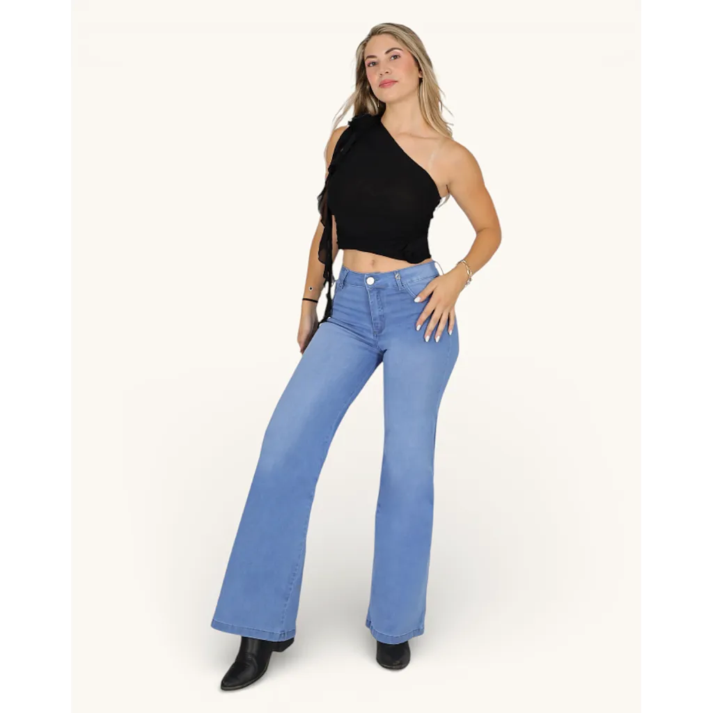 Jeans Wide Leg Celeste Claro Tiro Alto Mercedes Love Divi