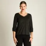 Polera Negra Manga Larga Roll Up con Cuello V Ldp