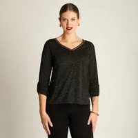 Polera Negra Manga Larga Roll Up con Cuello V Ldp