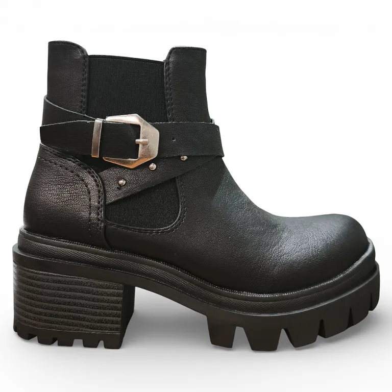 Botín Mujer Rebel Buckle Chunky Negro Bonny Franco