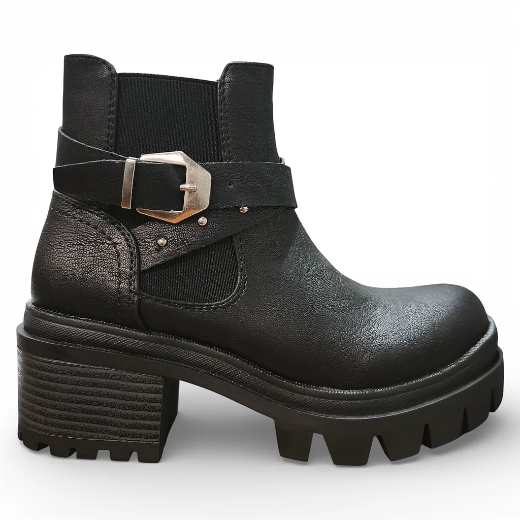 Botín Mujer Rebel Buckle Chunky Negro Bonny Franco