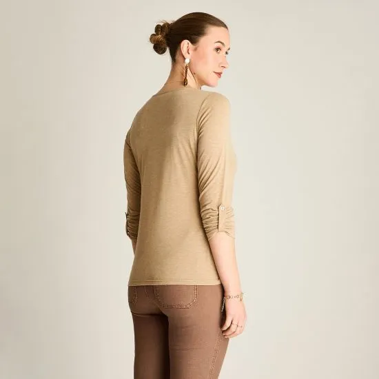 Polera Camel Manga Larga Roll Up con Cuello V Ldp - Imagen 2