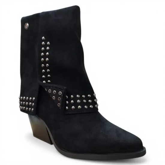 Botin Mujer Negro Tachas Microfibra Taco Medio Poeme - Imagen 8