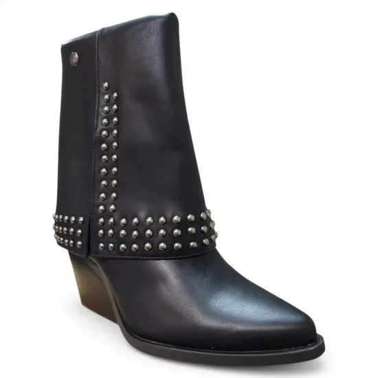 Botin Mujer Negro Sintetico Tachas Taco Medio Poeme - Imagen 11