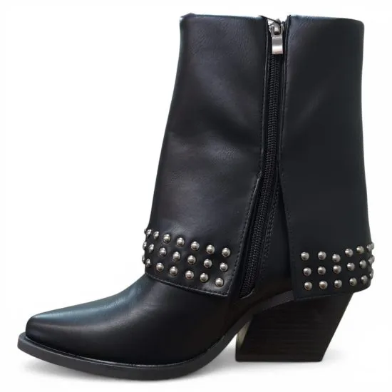 Botin Mujer Negro Sintetico Tachas Taco Medio Poeme - Imagen 12