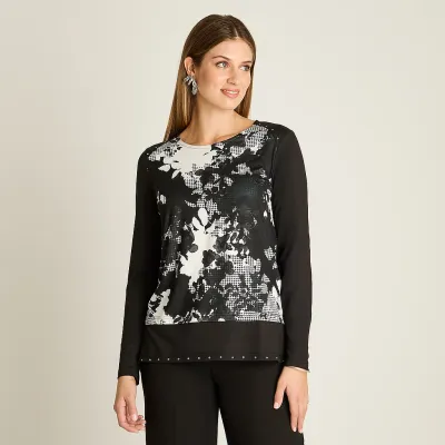 Polera Negra Manga Larga con Estampado Frontal y Aplicaciones Ldp